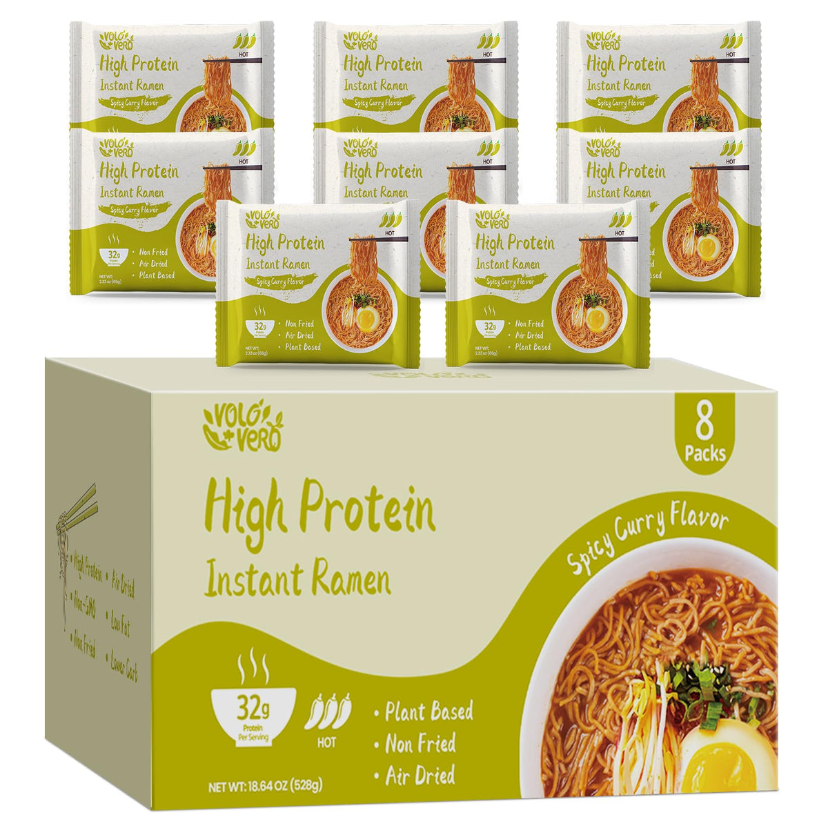 VOLO VERO High Protein Ramen Noodles – Spicy Curry (32g), 8 Pack, Vegan & Non-Fried