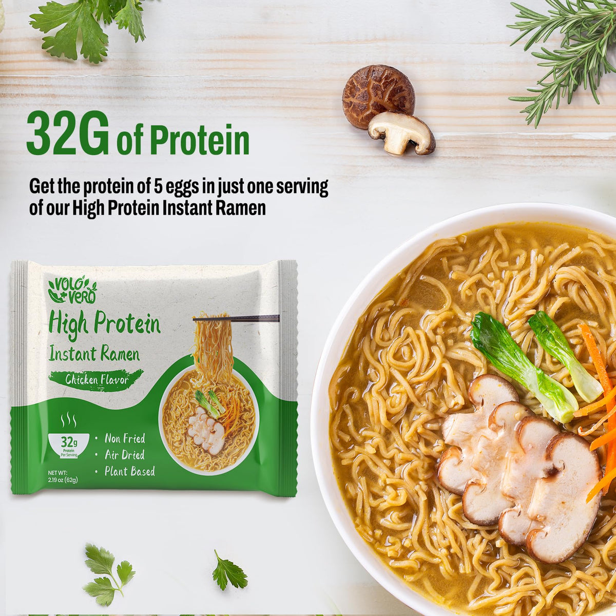 VOLO VERO High Protein 32g Instant Ramen Noodles — Chicken Flavor, 8 Packs, Plant-Based