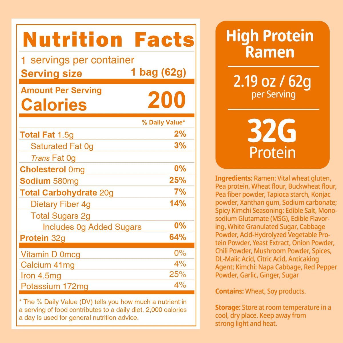 VOLO VERO High Protein Instant Ramen Noodles – Spicy Kimchi, 32g Protein, Vegan