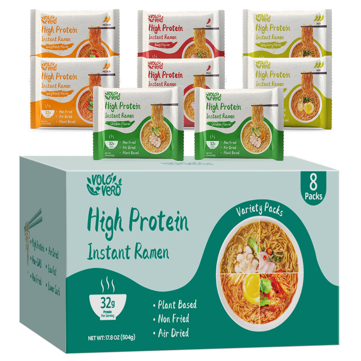 VOLO VERO Protein Ramen Variety Pack (32 g) – Plant-Based High-Protein Instant Noodles, 8 Pack