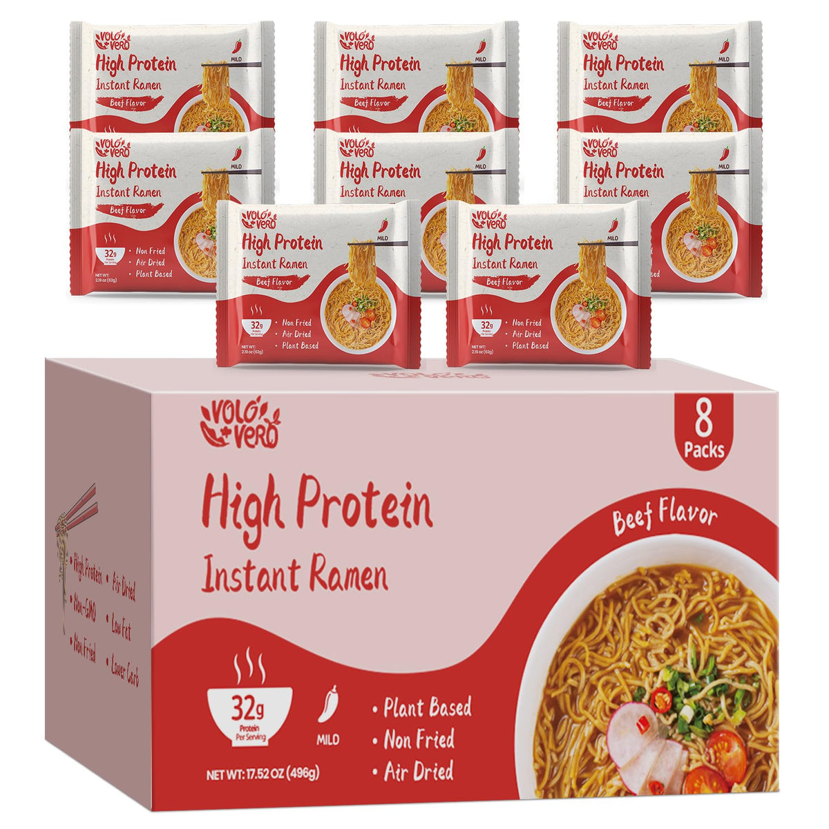 VOLO VERO Protein Ramen Spicy Beef — 32g Plant-Based Protein, 8-Pack