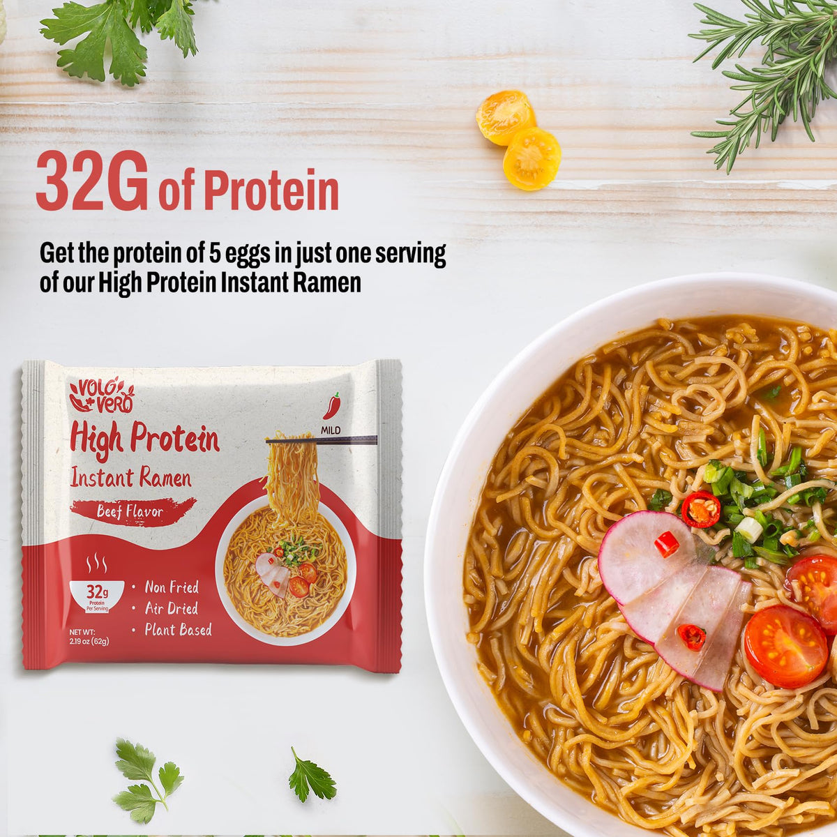 VOLO VERO Protein Ramen Spicy Beef — 32g Plant-Based Protein, 8-Pack
