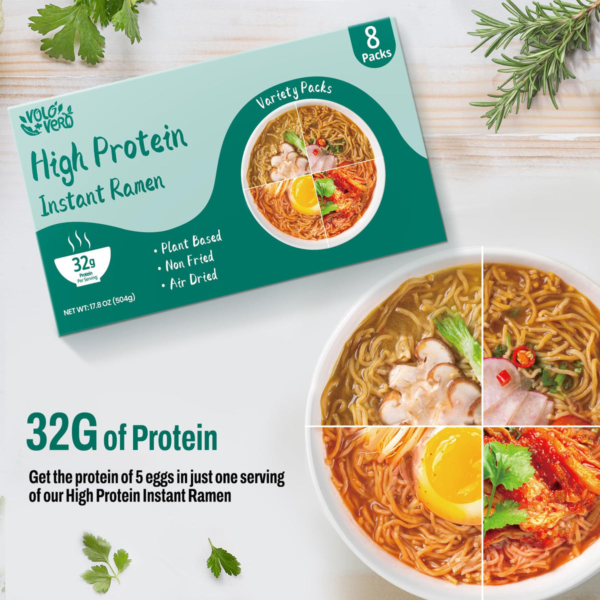 VOLO VERO Protein Ramen Variety Pack (32 g) – Plant-Based High-Protein Instant Noodles, 8 Pack