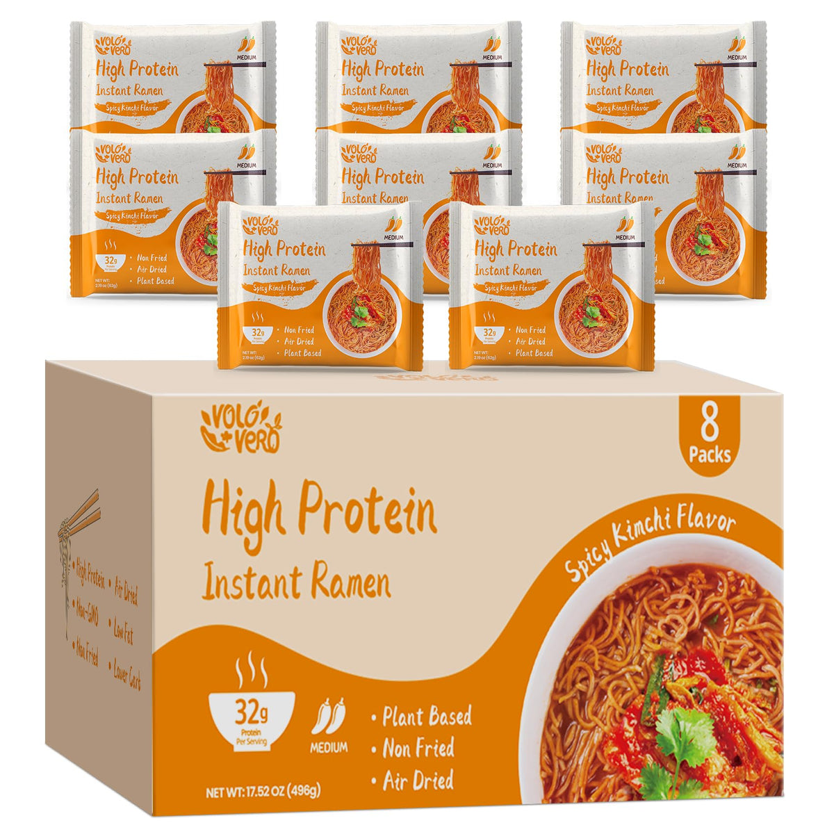VOLO VERO High Protein Instant Ramen Noodles – Spicy Kimchi, 32g Protein, Vegan