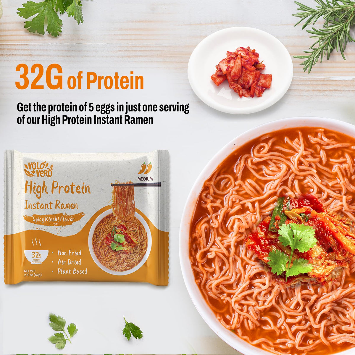 VOLO VERO High Protein Instant Ramen Noodles – Spicy Kimchi, 32g Protein, Vegan