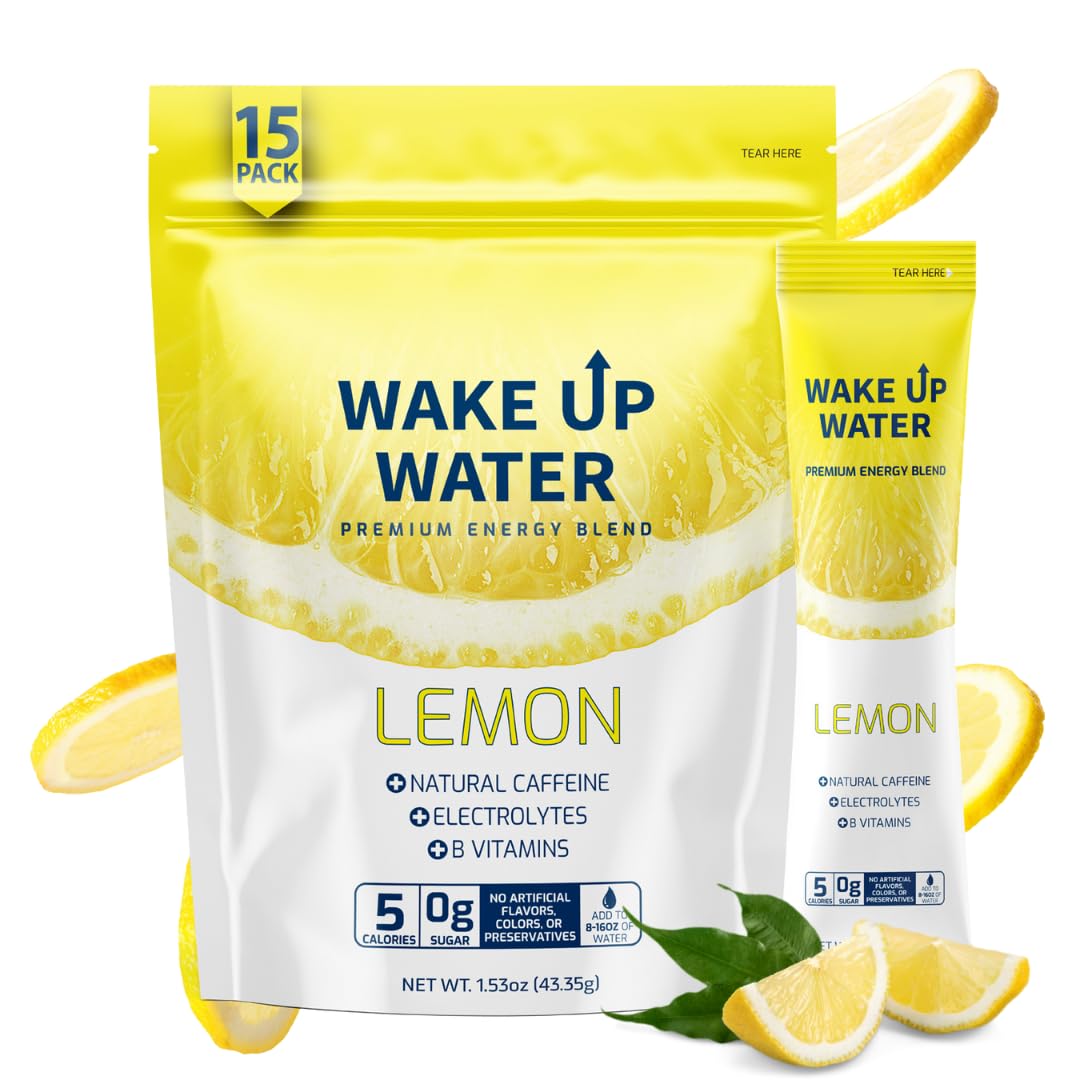 Wake Up Water Energy Drink Mix - Lemon, Sugar Free with Electrolytes & B Vitamins (15 Pack)