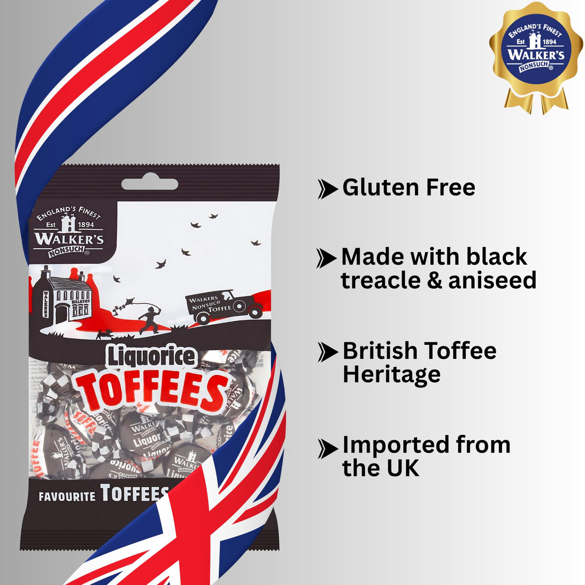 Walkers' Nonsuch Liquorice Toffees – 5.29 oz Bag (Pack of 12) | Classic British Chewy Toffee