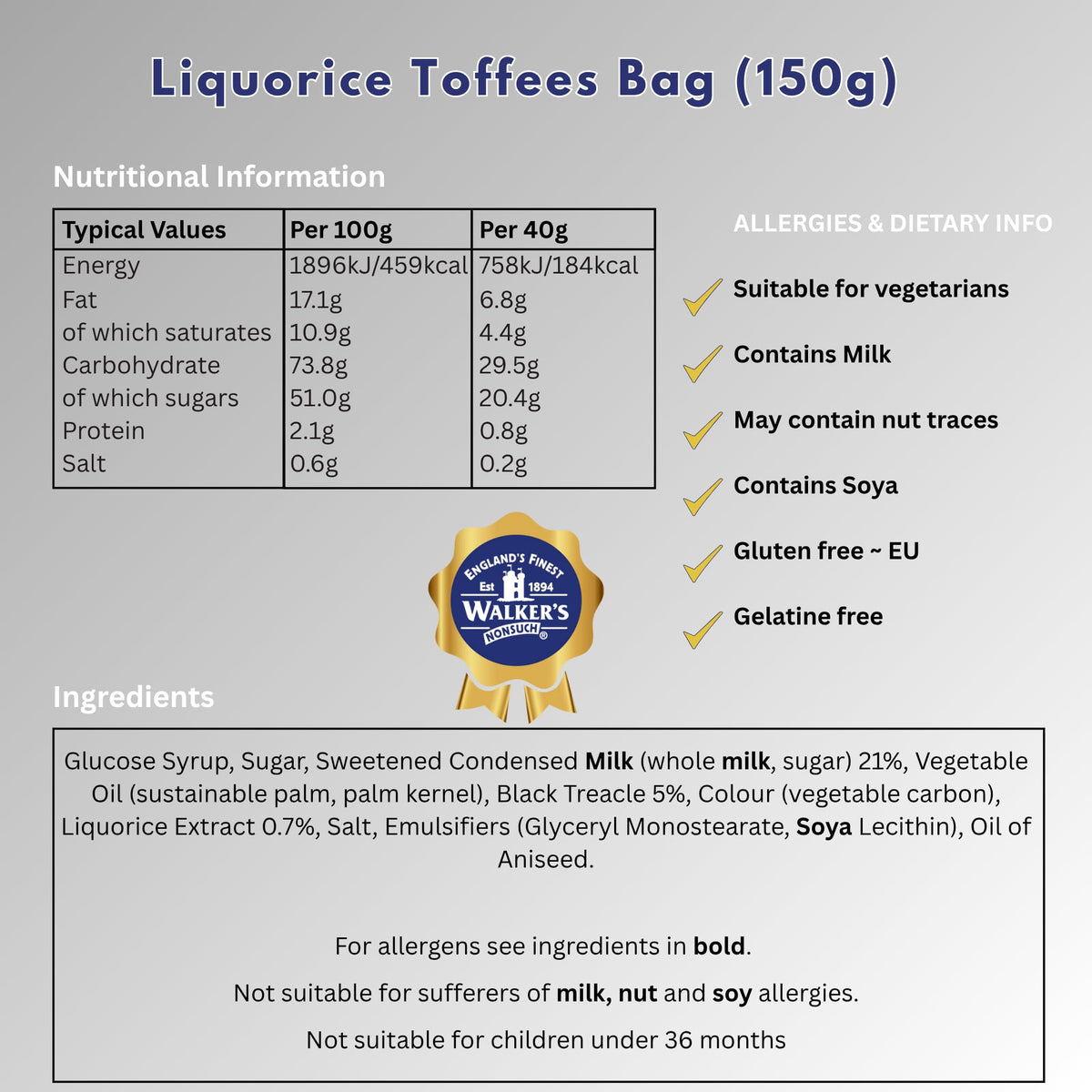 Walkers' Nonsuch Liquorice Toffees – 5.29 oz Bag (Pack of 12) | Classic British Chewy Toffee
