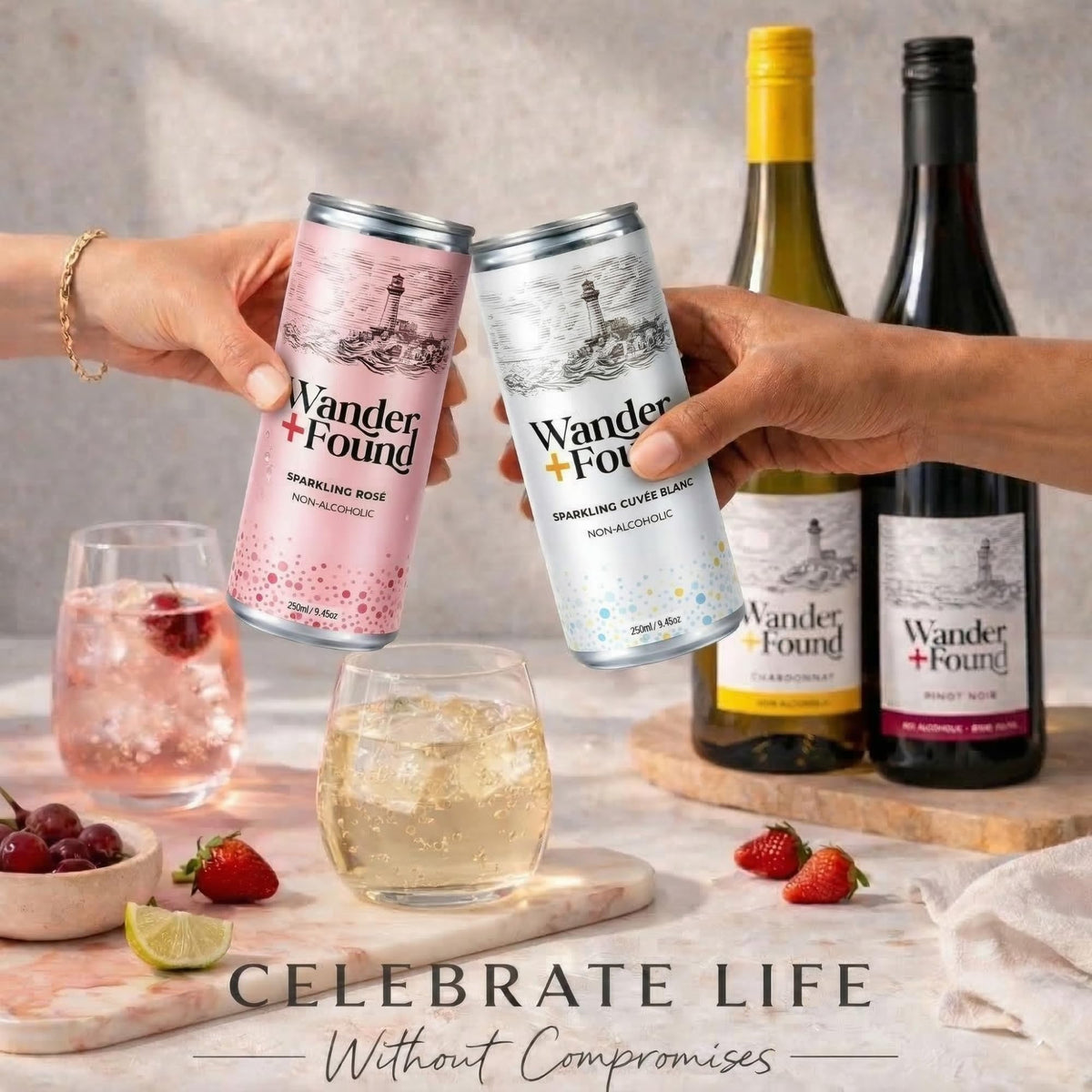 Wander + Found Non-Alcoholic Sparkling Wine Variety Pack – Rosé & Cuvée Blanc, Zero Proof 8.5 oz Cans (6 Pack)