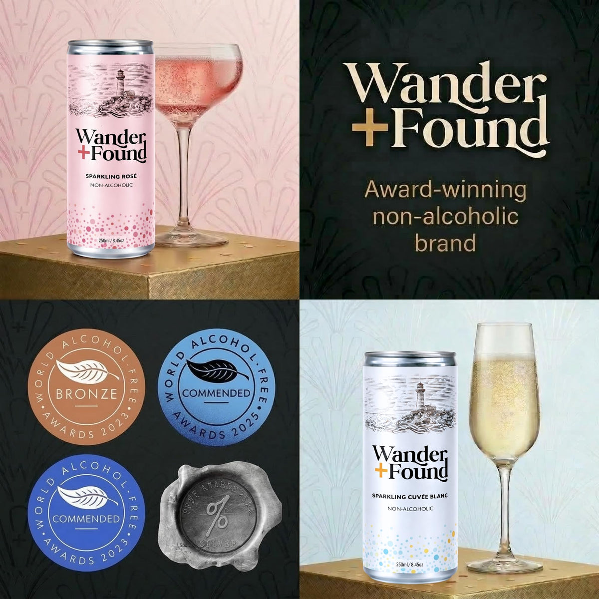 Wander + Found Non-Alcoholic Sparkling Wine Variety Pack – Rosé & Cuvée Blanc, Zero Proof 8.5 oz Cans (6 Pack)