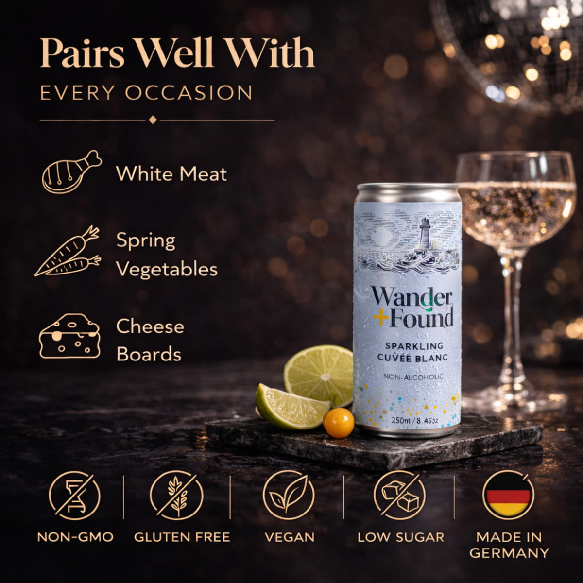 Wander + Found Non-Alcoholic Sparkling Wine Variety Pack – Rosé & Cuvée Blanc, Zero Proof 8.5 oz Cans (6 Pack)