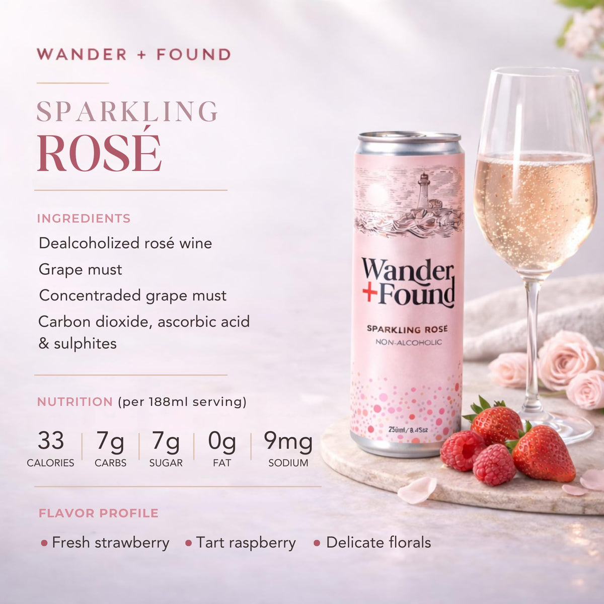 Wander + Found Non-Alcoholic Sparkling Wine Variety Pack – Rosé & Cuvée Blanc, Zero Proof 8.5 oz Cans (6 Pack)