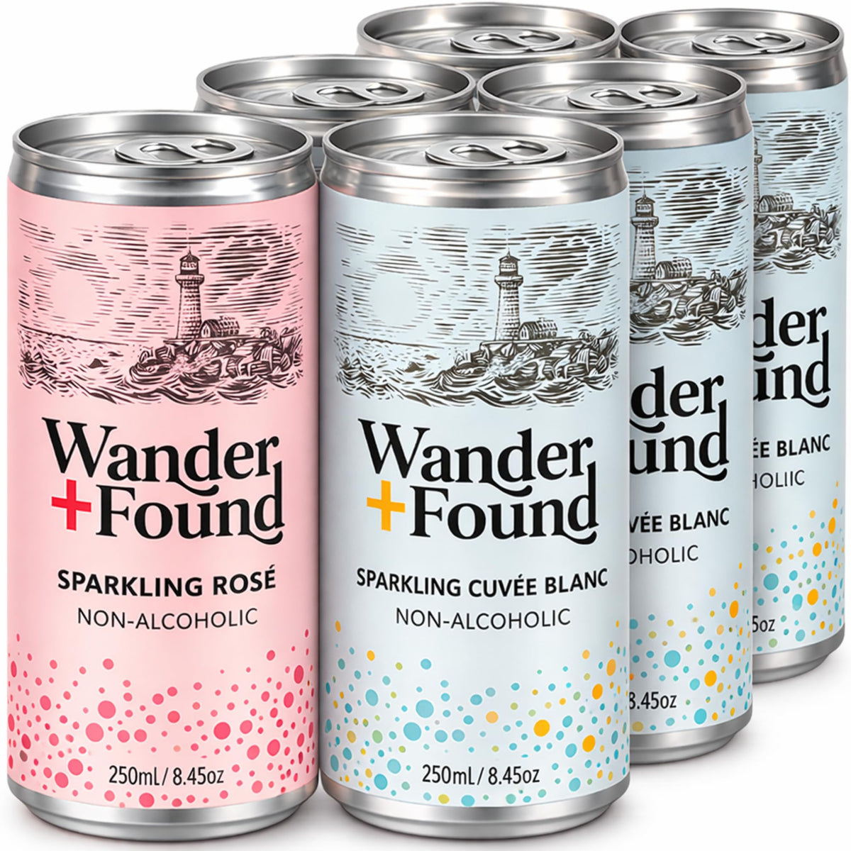 Wander + Found Non-Alcoholic Sparkling Wine Variety Pack – Rosé & Cuvée Blanc, Zero Proof 8.5 oz Cans (6 Pack)