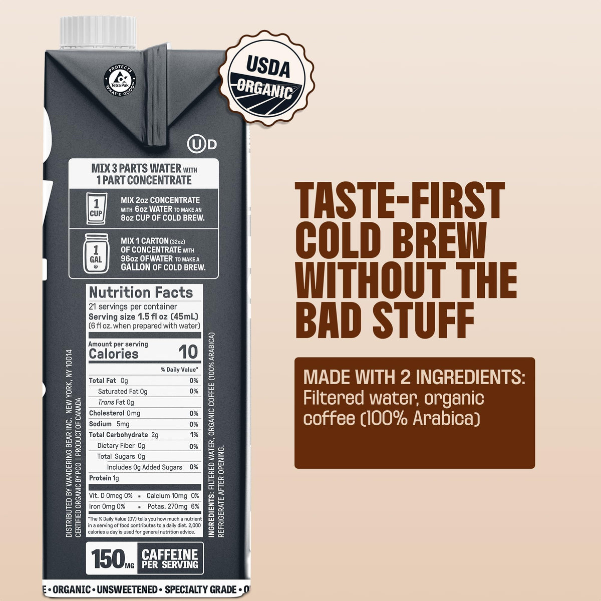 Wandering Bear Organic Unsweetened Extra Strong Cold Brew Concentrate – 32 fl oz, 21 Servings, Vegan