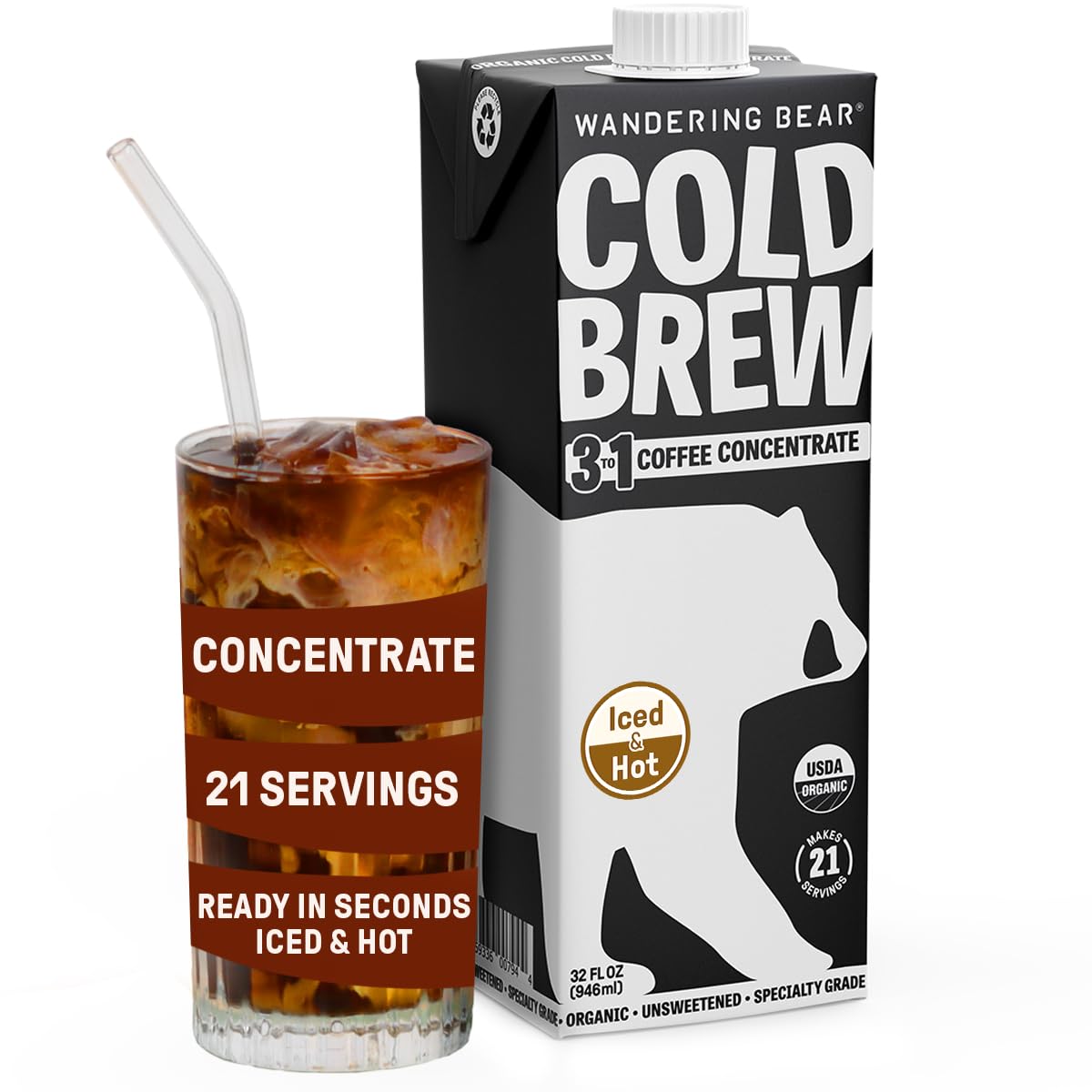 Wandering Bear Organic Unsweetened Extra Strong Cold Brew Concentrate – 32 fl oz, 21 Servings, Vegan
