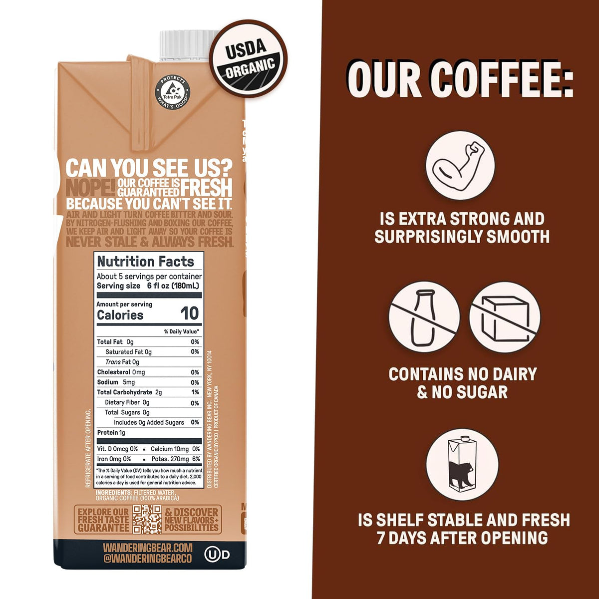 Wandering Bear Straight Black Organic Cold Brew Coffee — Extra Strong, Unsweetened, 32 oz Carton (3 Pack)
