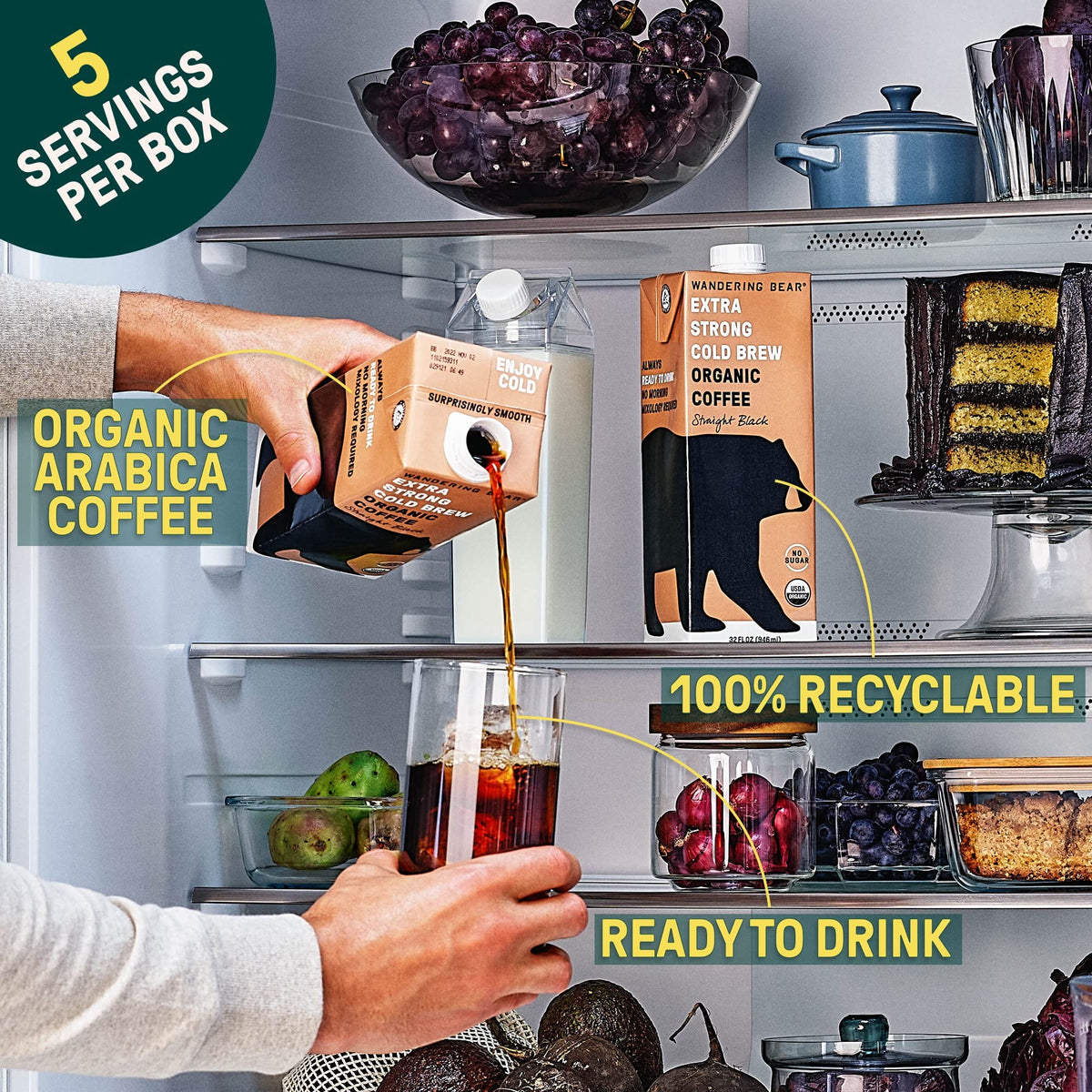Wandering Bear Straight Black Organic Cold Brew Coffee — Extra Strong, Unsweetened, 32 oz Carton (3 Pack)