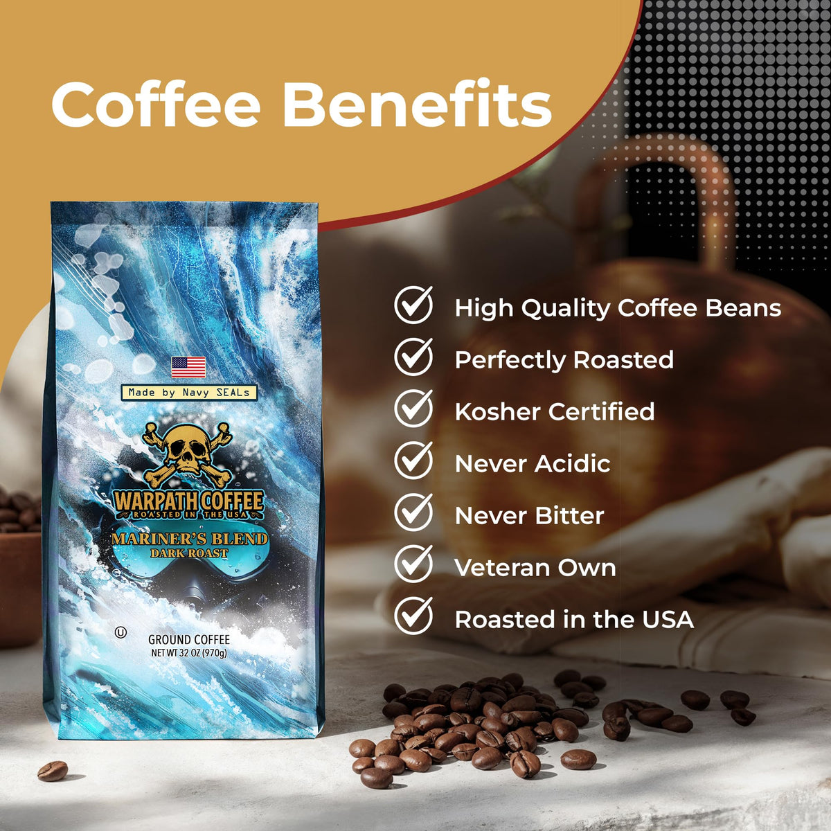 Warpath Coffee Mariner's Blend Dark Roast — High Caffeine, 100% Arabica Ground Coffee, Navy SEAL Created, 2lb