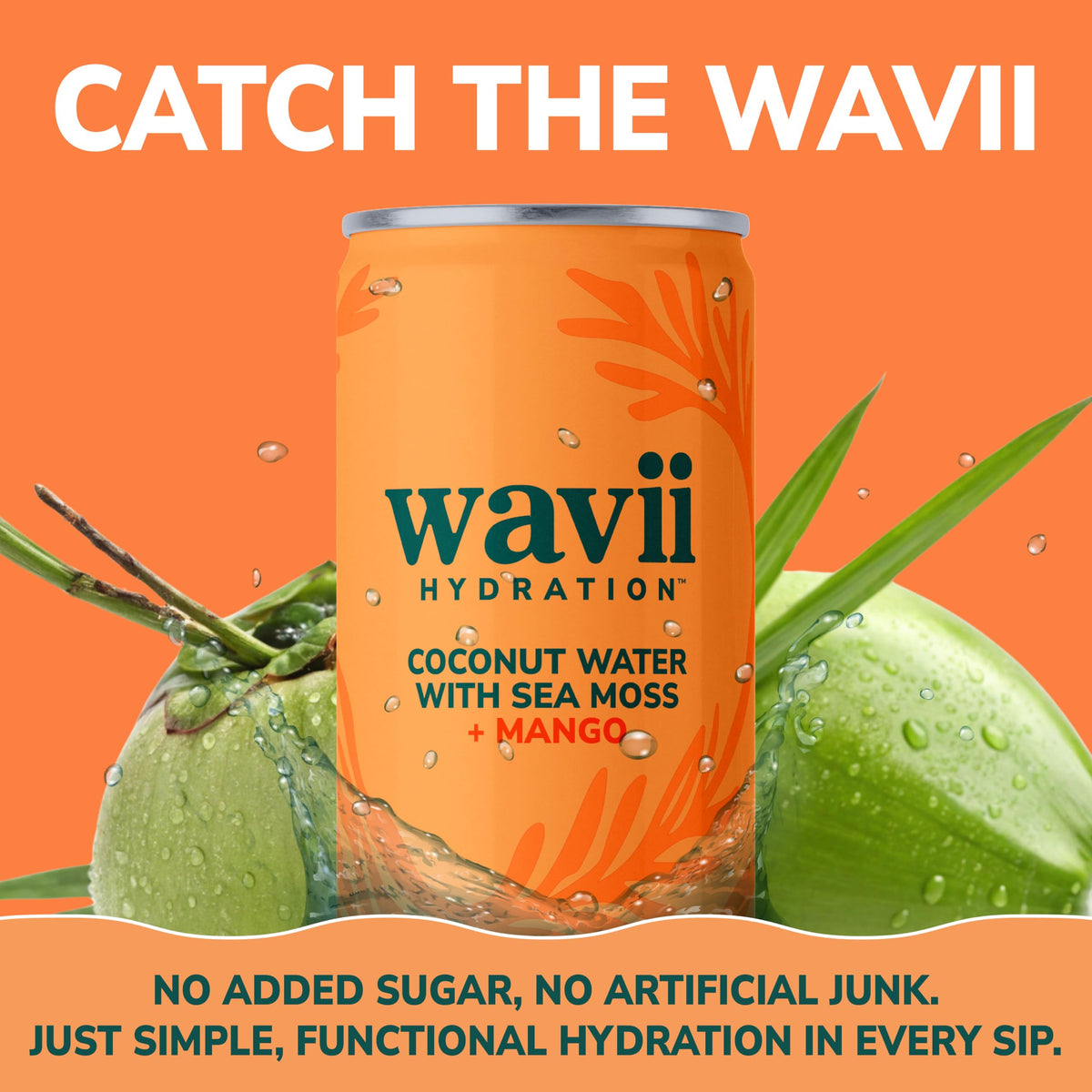 Wavii Coconut Water with Sea Moss + Mango, 12 Pack – Clean Hydration with Electrolytes & Ocean-Derived Minerals
