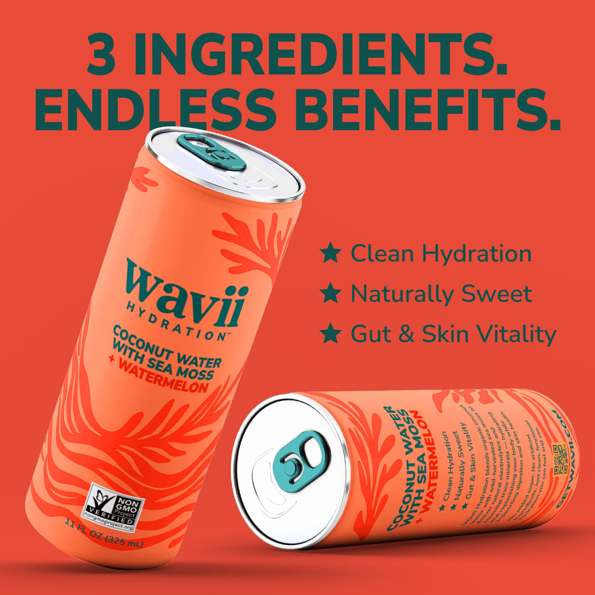 Wavii Coconut Water with Sea Moss + Watermelon | 12 Pack 11 fl oz | Clean Hydration with Electrolytes