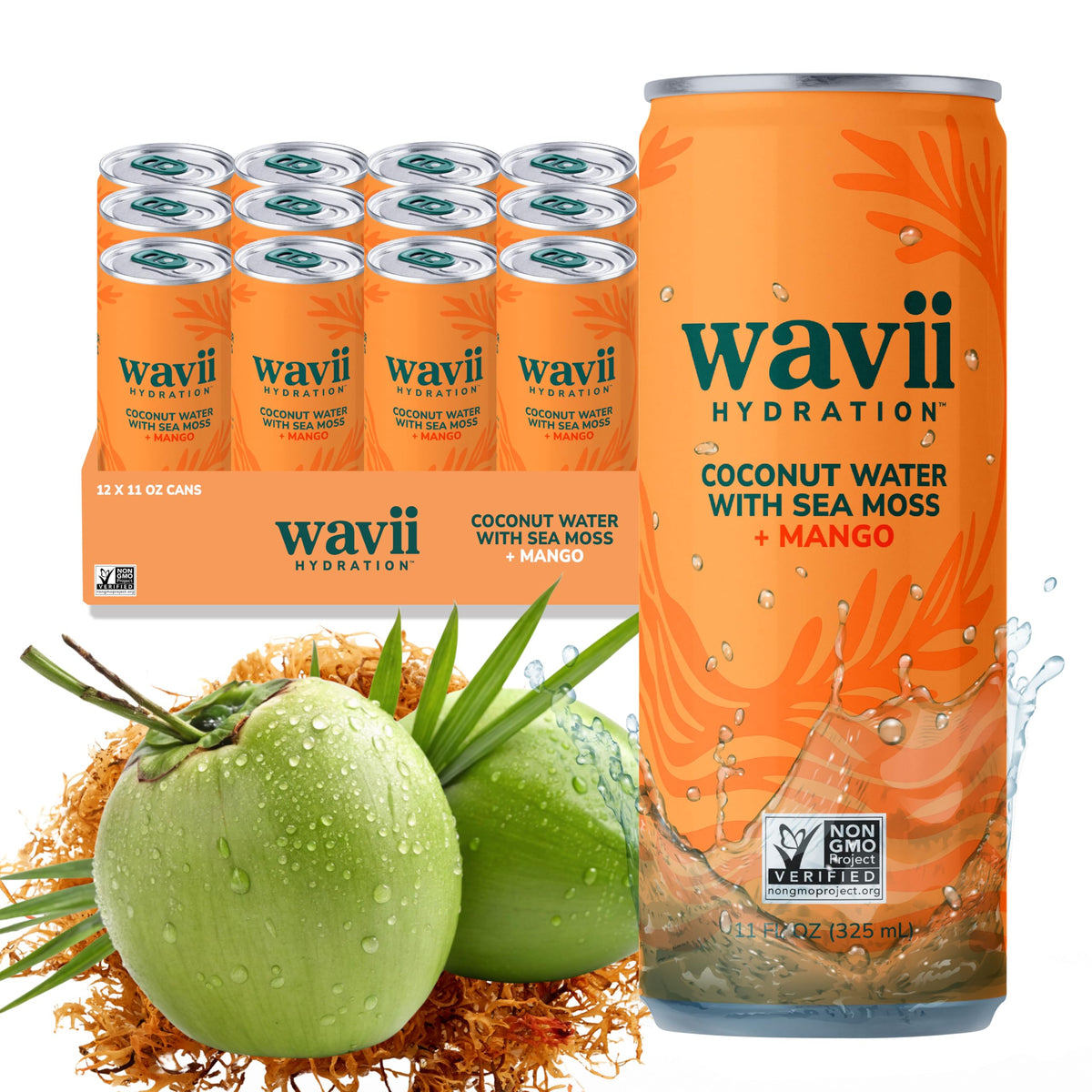 Wavii Coconut Water with Sea Moss + Mango, 12 Pack – Clean Hydration with Electrolytes & Ocean-Derived Minerals