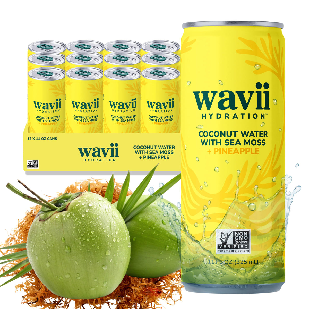 Wavii Coconut Water with Sea Moss + Pineapple – 12 Pack, 11 oz | Clean Hydration with Electrolytes, No Added Sugar