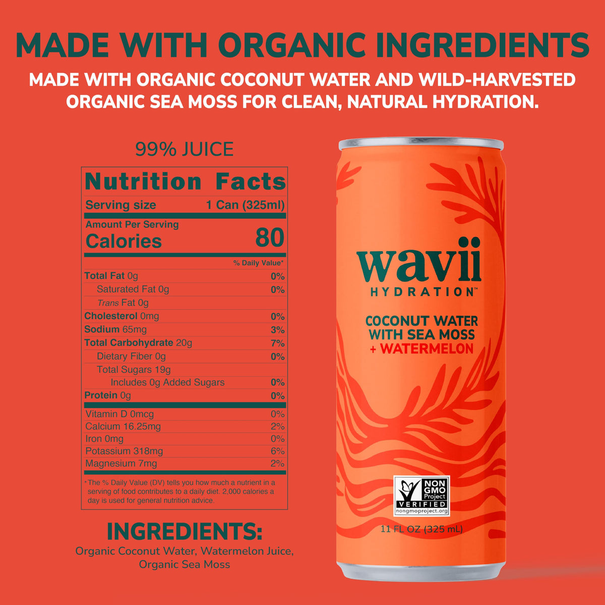 Wavii Coconut Water with Sea Moss + Watermelon | 12 Pack 11 fl oz | Clean Hydration with Electrolytes