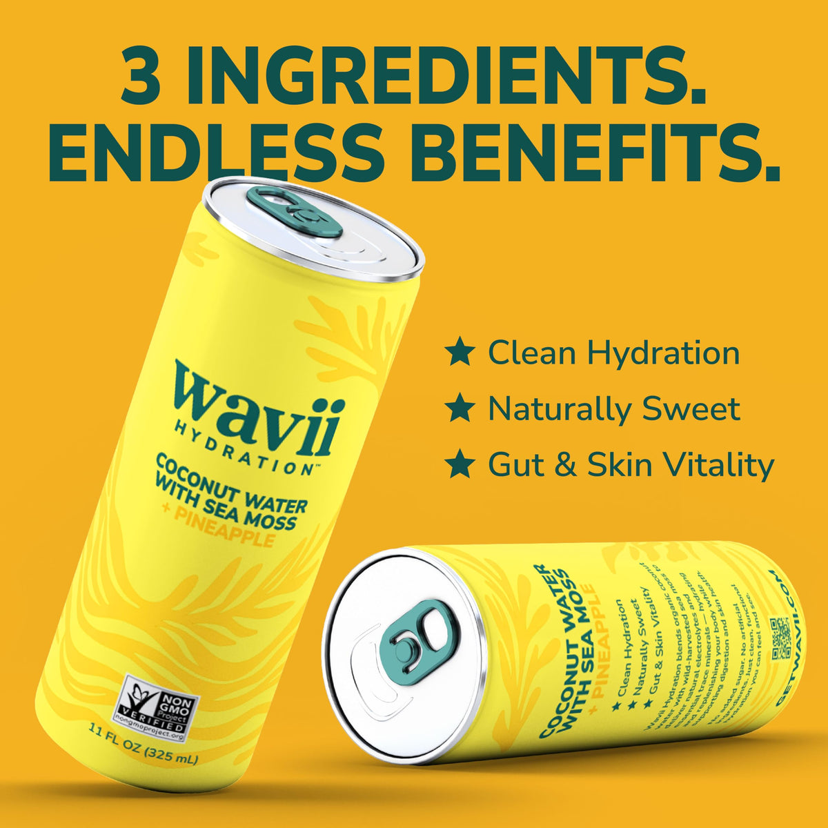 Wavii Coconut Water with Sea Moss + Pineapple – 12 Pack, 11 oz | Clean Hydration with Electrolytes, No Added Sugar