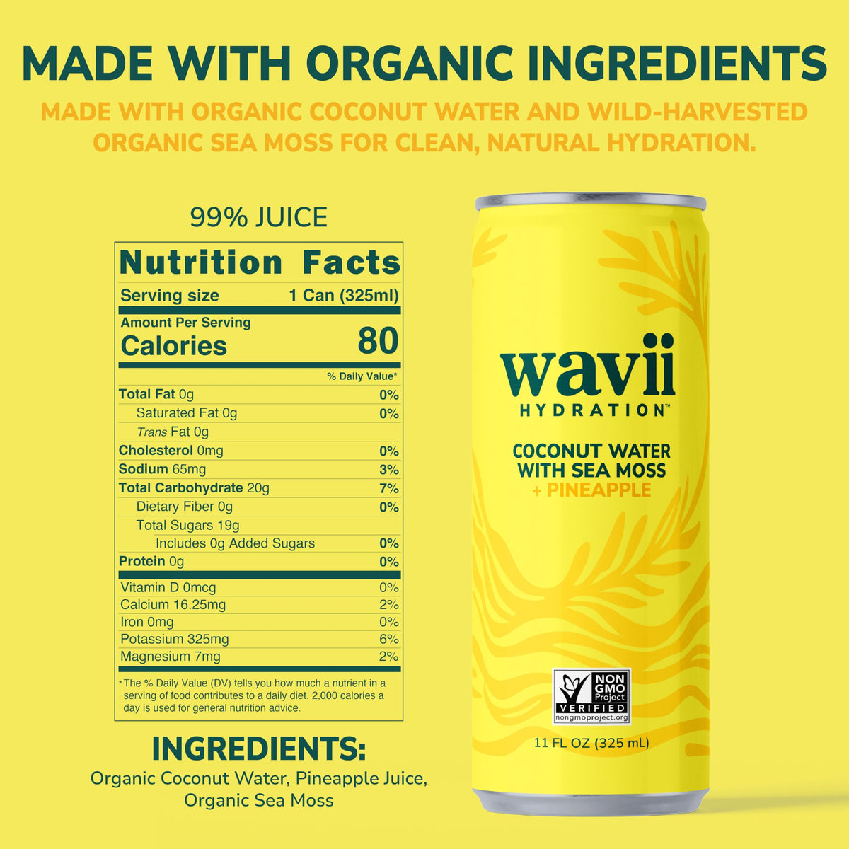 Wavii Coconut Water with Sea Moss + Pineapple – 12 Pack, 11 oz | Clean Hydration with Electrolytes, No Added Sugar