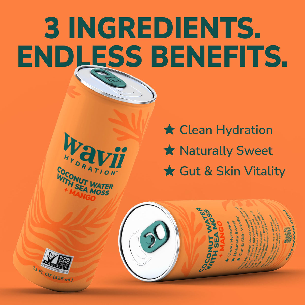 Wavii Coconut Water with Sea Moss + Mango, 12 Pack – Clean Hydration with Electrolytes & Ocean-Derived Minerals