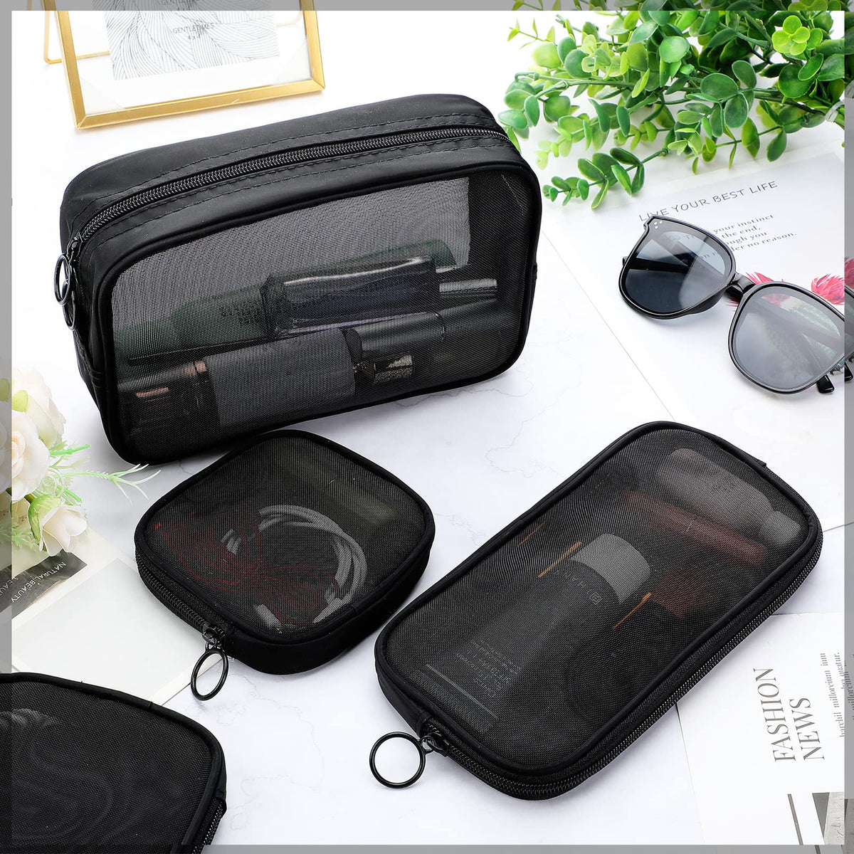 Weewooday 4 Pcs Mesh Pouch Large&medium&small, Black Zipper Bag