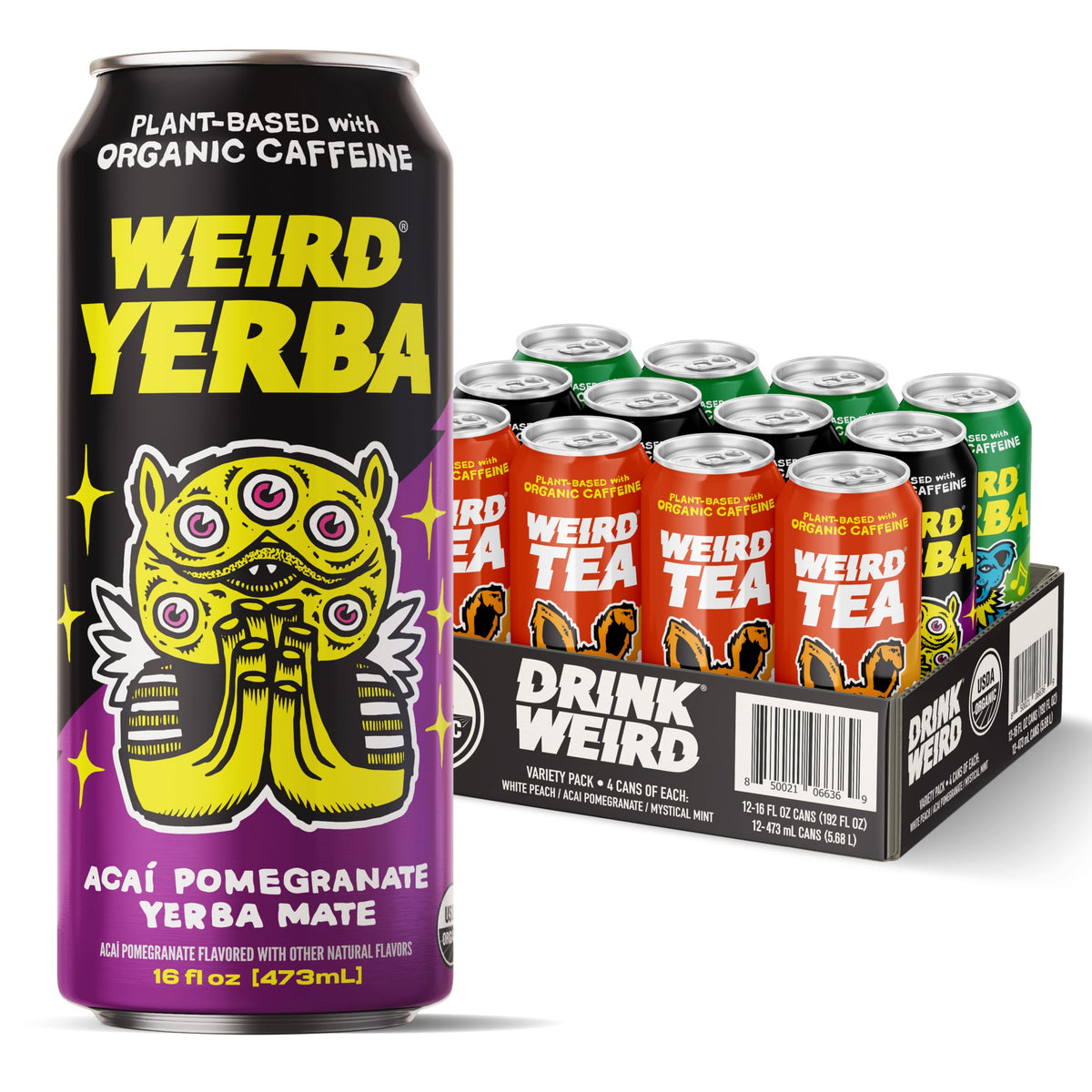 WEIRD Drink Weird Best Sellers Variety Pack — 12x16oz Cans (Acai Pomegranate Yerba Mate, White Peach Oolong Tea, Mystical Mint Yerba Mate)