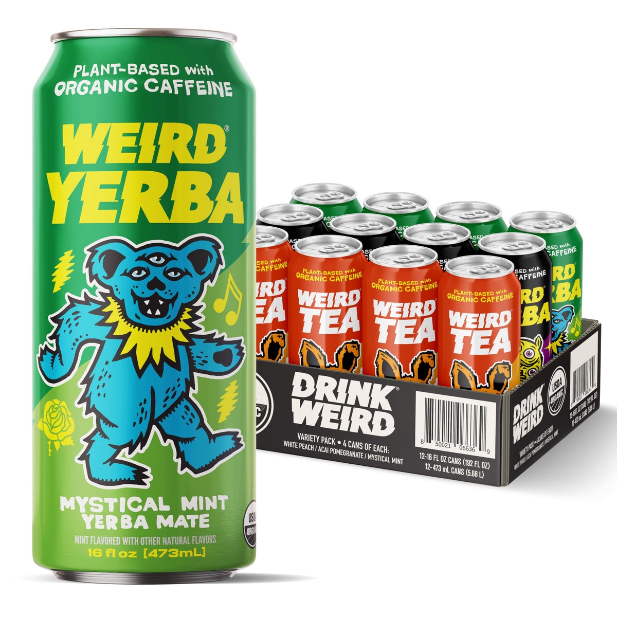WEIRD Drink Weird Best Sellers Variety Pack — 12x16oz Cans (Acai Pomegranate Yerba Mate, White Peach Oolong Tea, Mystical Mint Yerba Mate)
