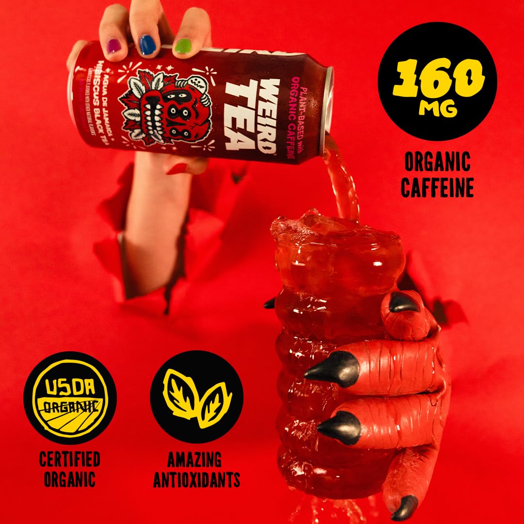 WEIRD Drink Weird Organic Agua de Jamaica Hibiscus Black Tea – 16oz Cans, 160mg Organic Caffeine, Pack of 12
