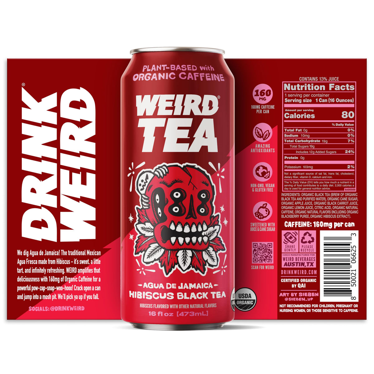 WEIRD Drink Weird Organic Agua de Jamaica Hibiscus Black Tea – 16oz Cans, 160mg Organic Caffeine, Pack of 12