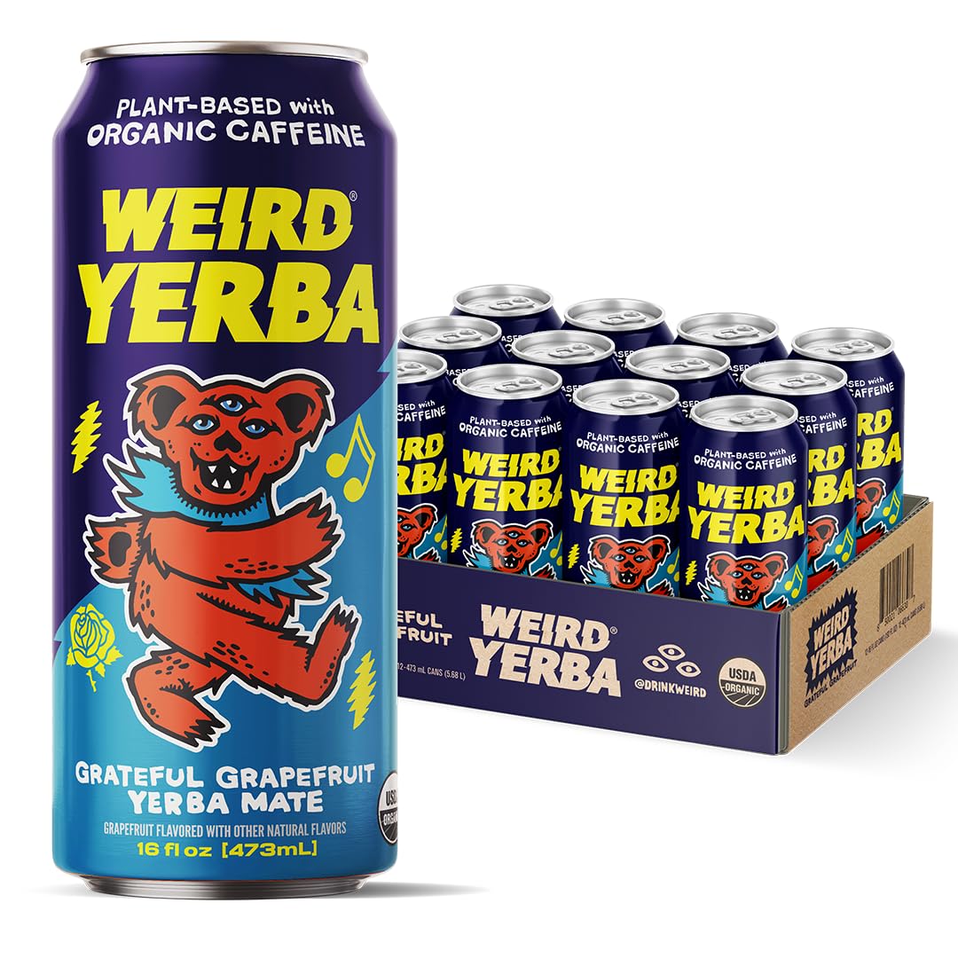 Drink Weird Organic Grateful Grapefruit Yerba Mate – 16oz Cans, 160mg Caffeine, 12 Pack, Grateful Dead Collab