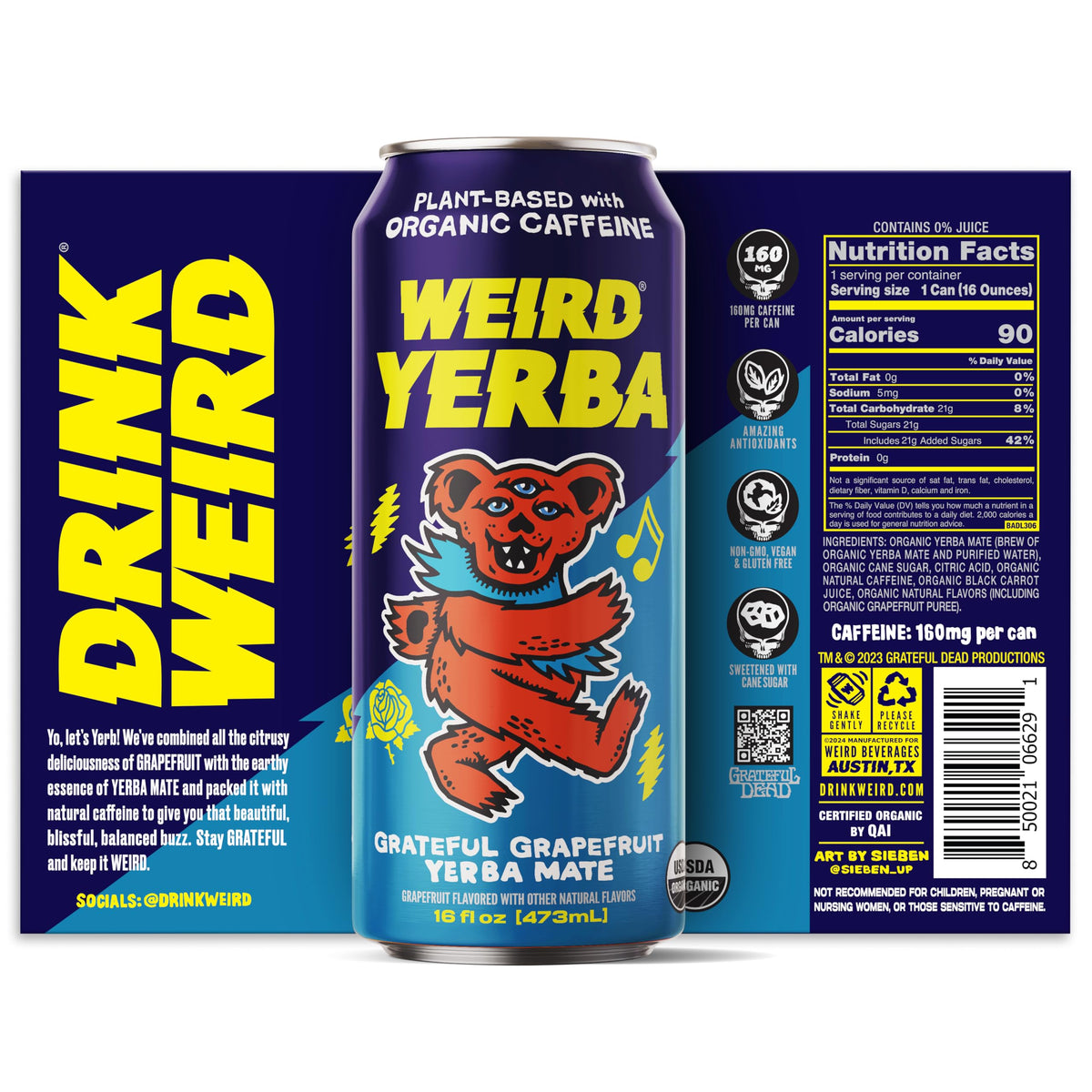 Drink Weird Organic Grateful Grapefruit Yerba Mate – 16oz Cans, 160mg Caffeine, 12 Pack, Grateful Dead Collab