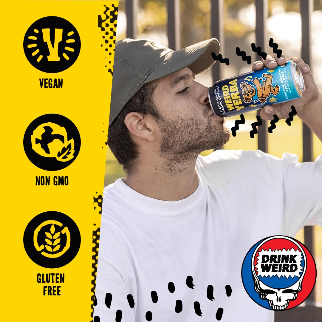 Drink Weird Organic Grateful Grapefruit Yerba Mate – 16oz Cans, 160mg Caffeine, 12 Pack, Grateful Dead Collab