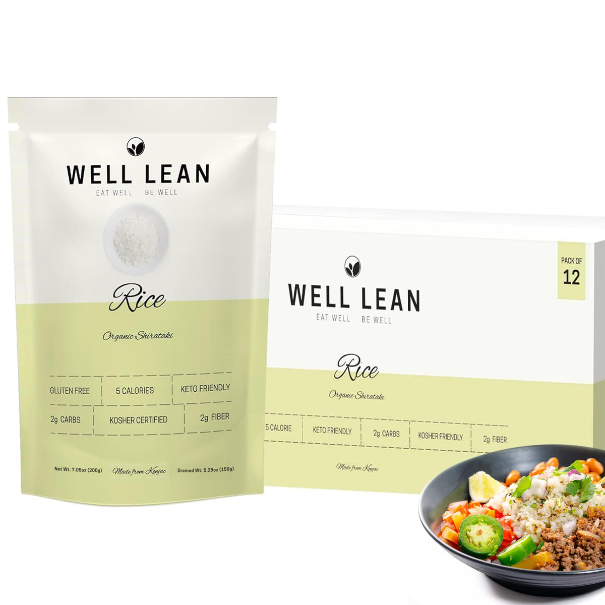 Well Lean Konjac Rice Keto Pasta – 12-Pack (24 Servings) – Low Carb, Plant-Based, Organic Konjac Shirataki Rice