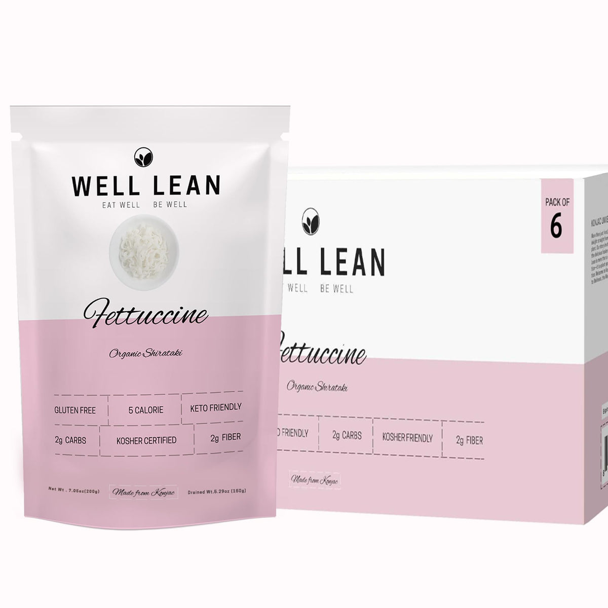 Well Lean Organic Fettuccine – Premium Shirataki Konjac Pasta, Pack of 6, 12 Servings | Low Carb Keto Gluten Free