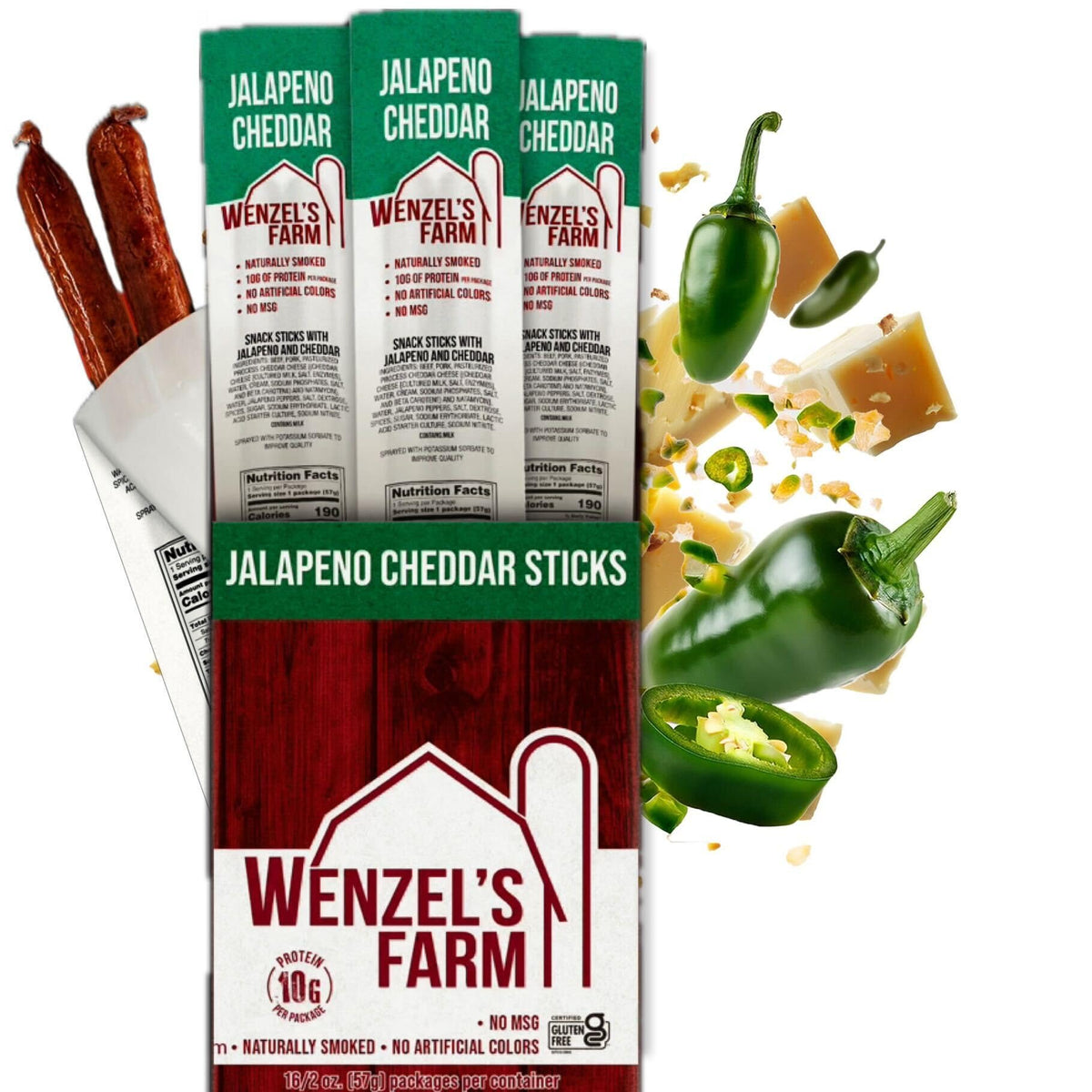 Wenzel's Farm Jalapeño Cheddar Sticks — High Protein, Low Carb, Gluten Free (32 Sticks)