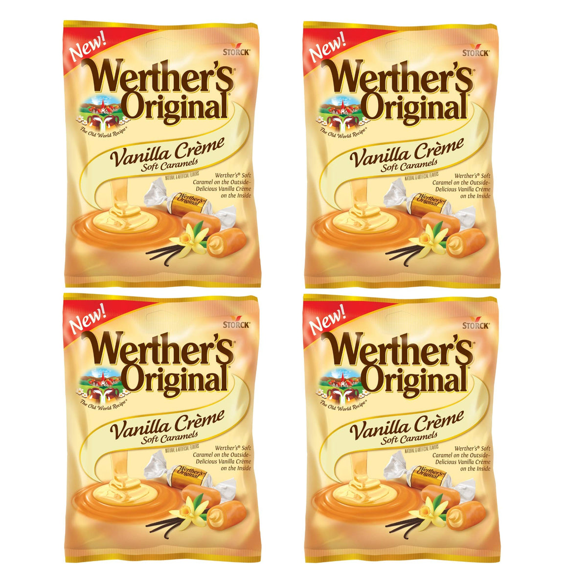 Werther's Original Vanilla Creme Soft Caramels – 4-Pack, Individually Wrapped, Creamy Vanilla Center