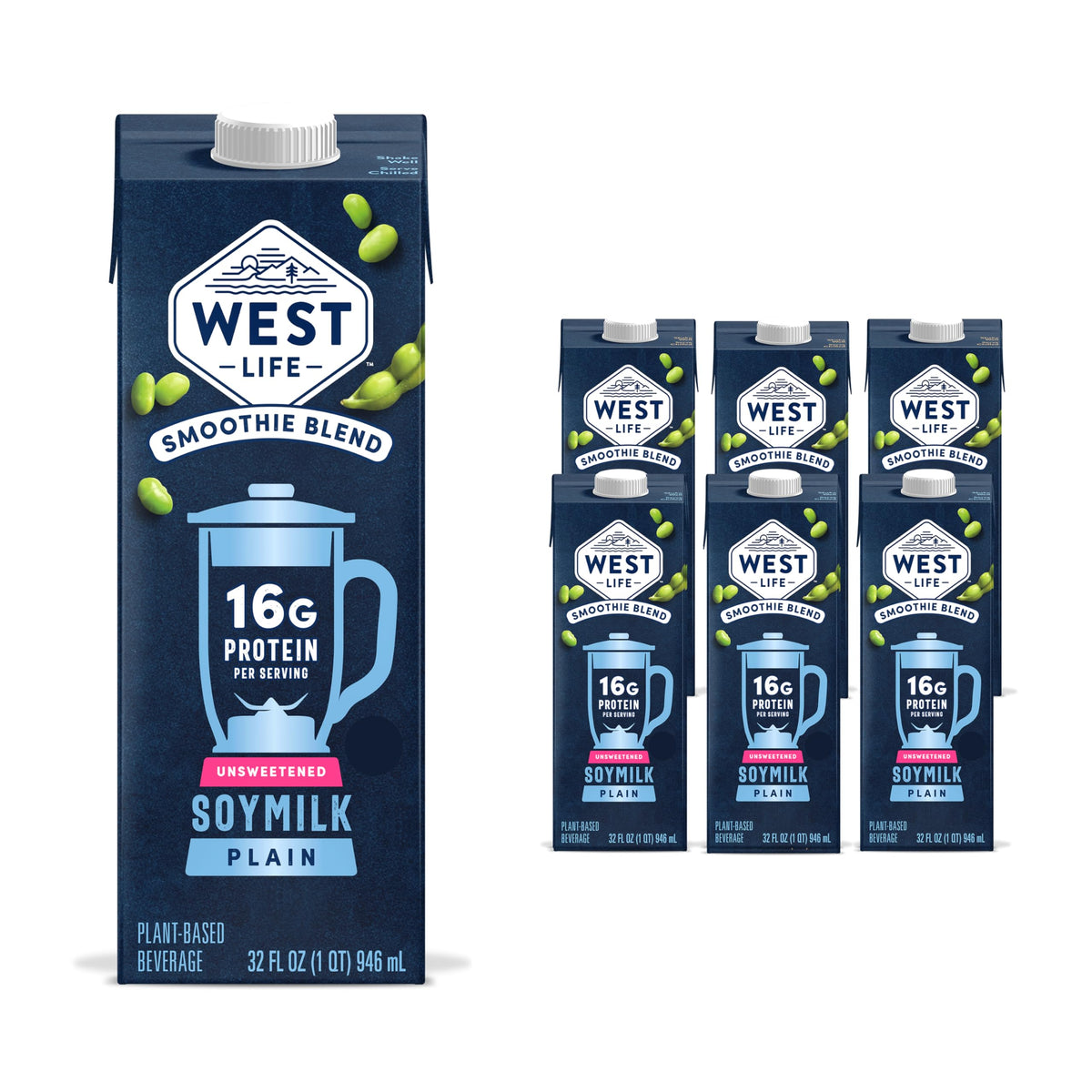 West Life Smoothie Blend Soy Milk, Unsweetened — 16g Protein per Serving, 32oz Pack of 6