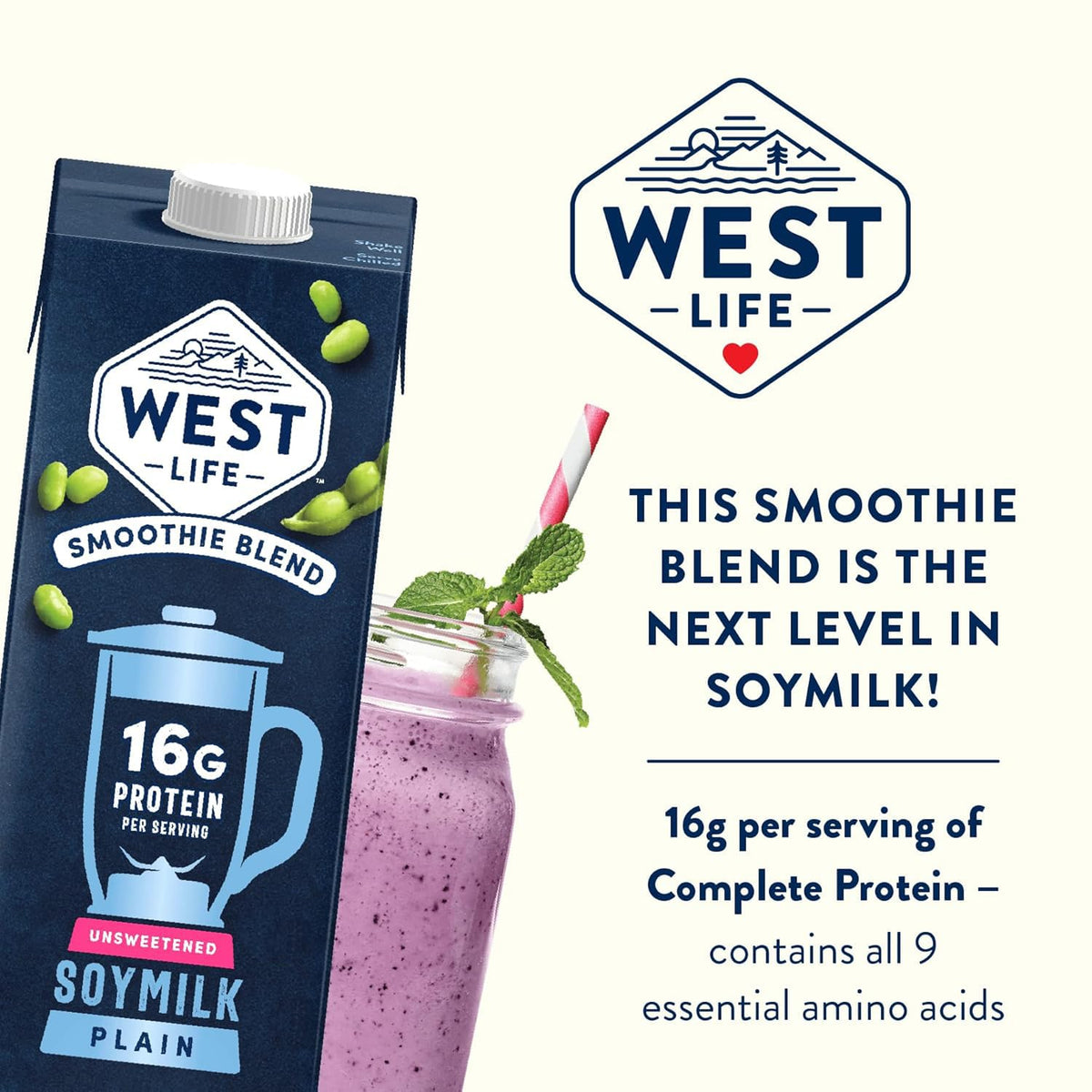 West Life Smoothie Blend Soy Milk, Unsweetened — 16g Protein per Serving, 32oz Pack of 6