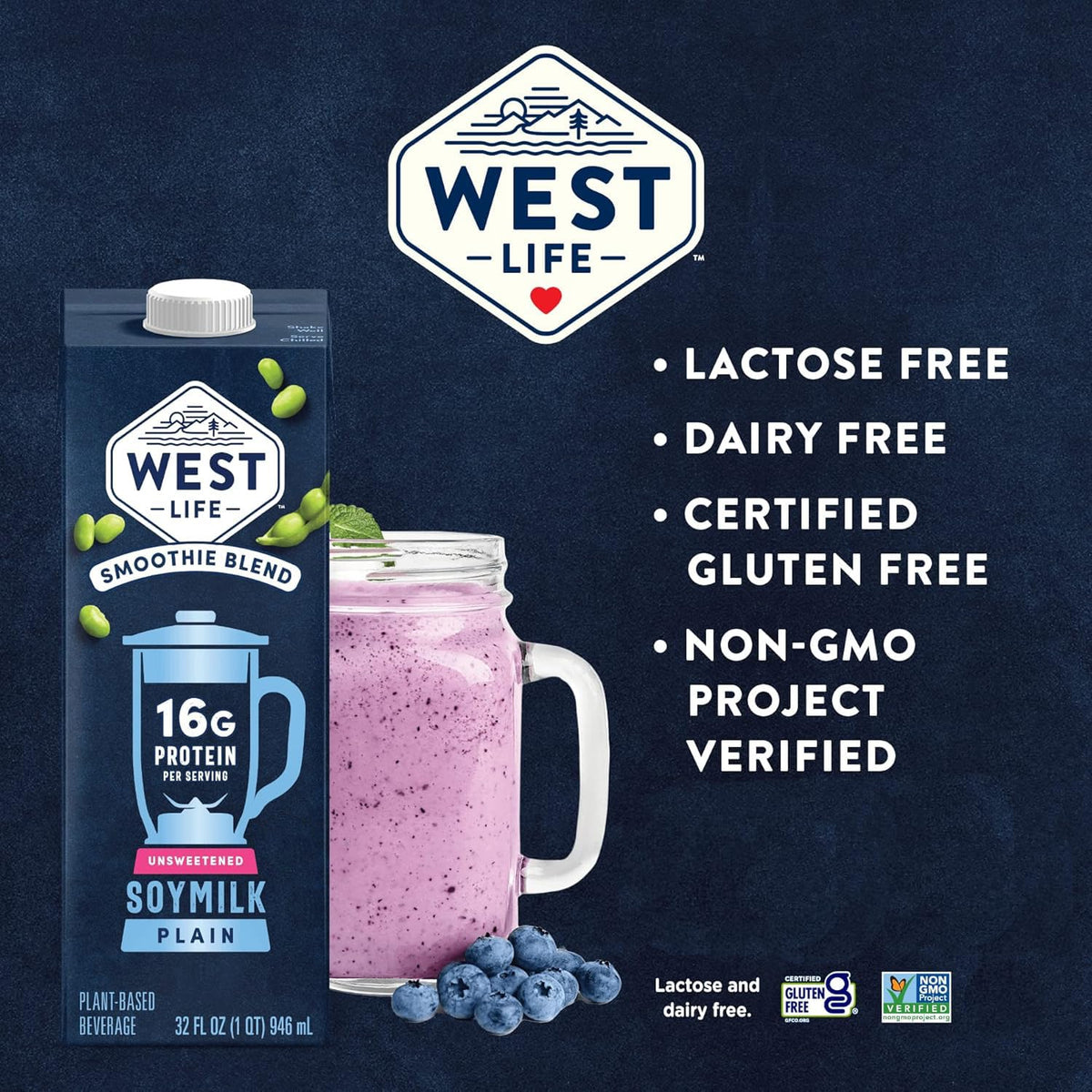 West Life Smoothie Blend Soy Milk, Unsweetened — 16g Protein per Serving, 32oz Pack of 6