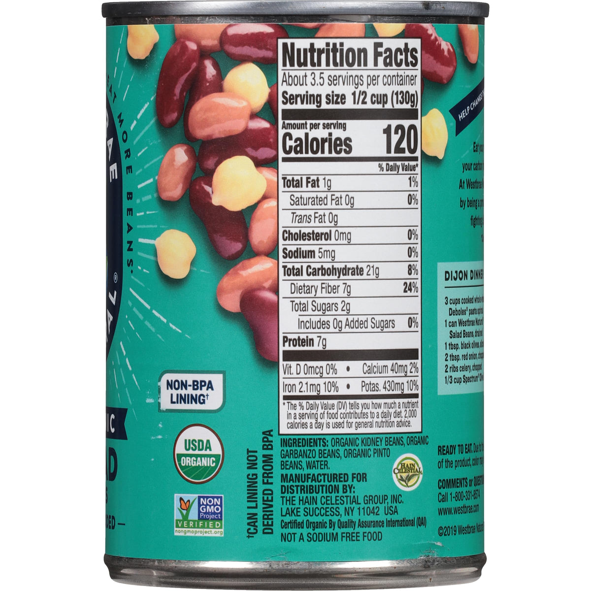 Westbrae Natural Organic Salad Beans — 15 oz, No Salt Added, Pack of 12, Gluten Free, Plant-Based Protein & Fiber