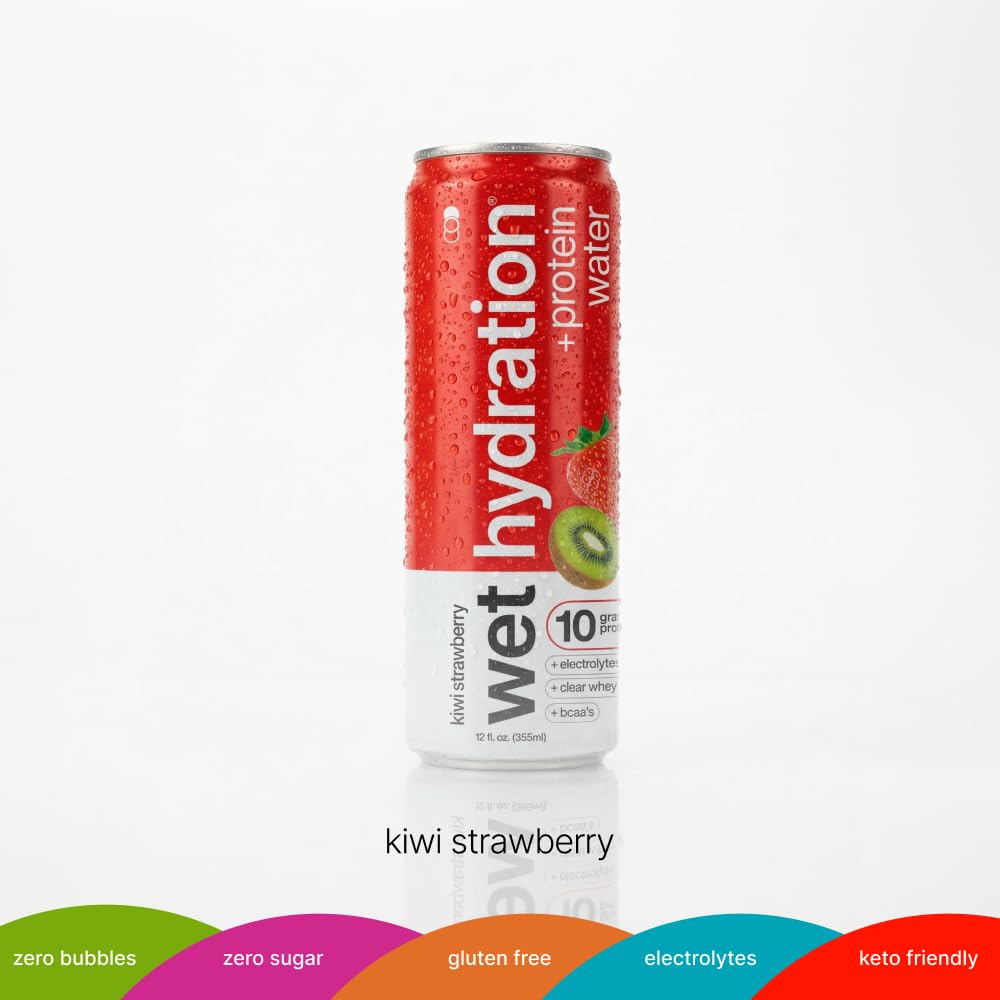 Wet Hydration Protein Water Kiwi Strawberry – 10g Clear Whey, Electrolytes, Zero Sugar | 12oz Cans, 12 Pack