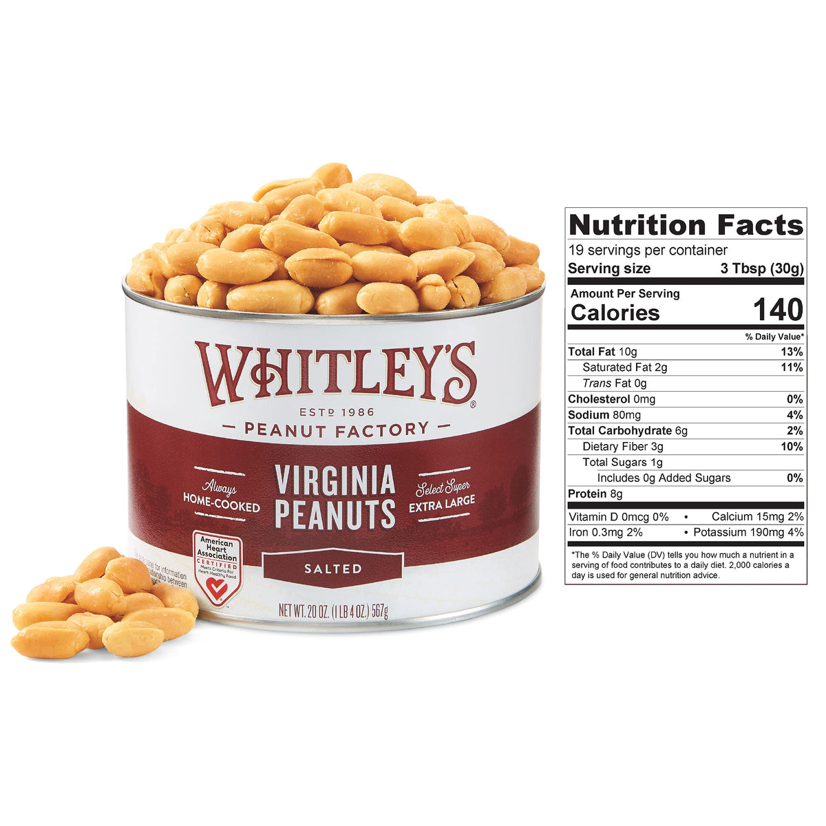Whitley's Salted Virginia Peanuts – Super Extra Large Hand-Cooked Virginia Peanuts in a 20 oz Tin