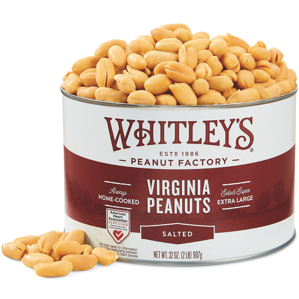 Whitley’s Salted Virginia Peanuts – Super Extra Large, Home Cooked 32 oz Tin