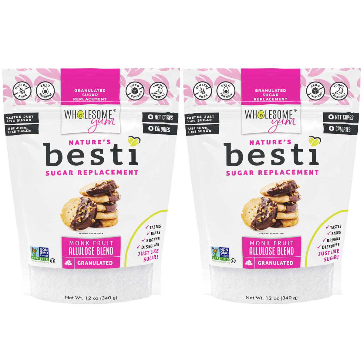 Wholesome Yum Besti Natural Sugar Substitute - Keto Granulated Monk Fruit Sweetener with Allulose (No Erythritol) - 12 oz, 2 Pack